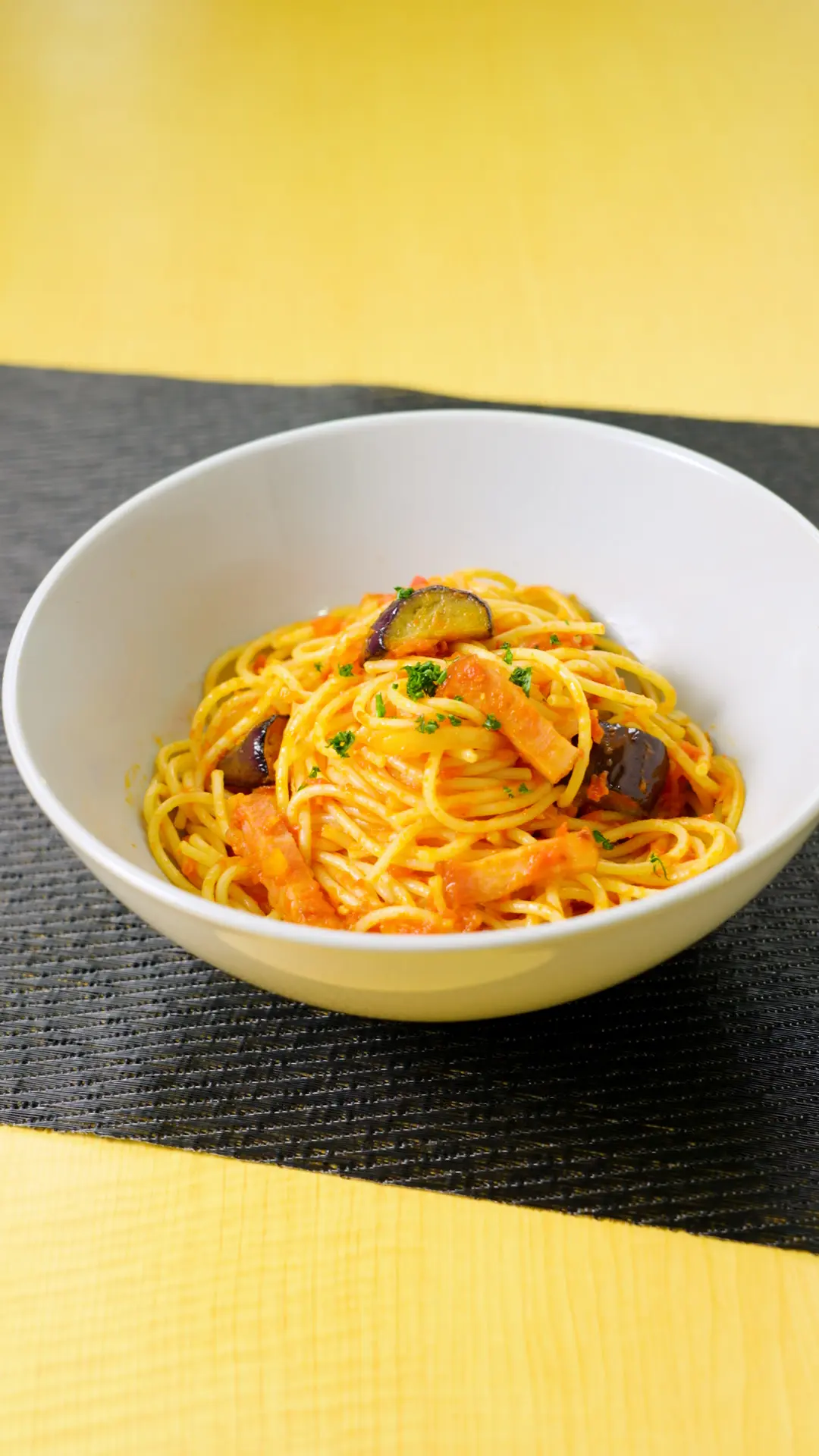 Eggplant and Bacon Pasta in Tomato Sauce